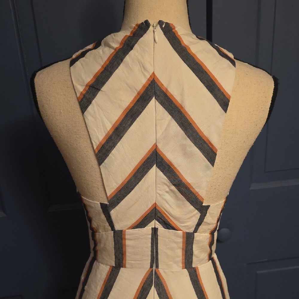L'ATISTE White Maxi Dress Gray Pink Stripe Deep Plunge Halter Neck Pockets Small - Picture 4 of 8
